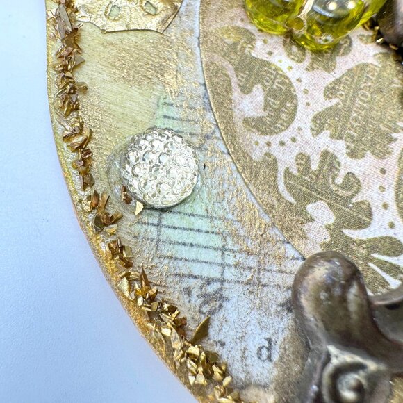 Handcrafted Ornament OOAK Collage Clear Crystal Gold Green Accents 3" Ribbon - Picture 7 of 11